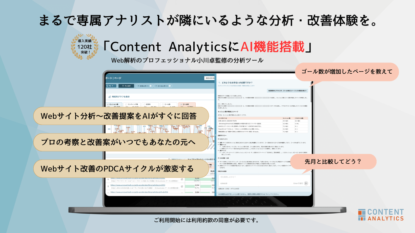 分析・改善提案はAIで。データ分析と改善提案をAIが行います。  入力された質問に対して、AIが下記のような内容で的確に回答。素早い意思決定をサポートします。  ・データの考察・分析 ・示唆される仮説の検討 ・データに基づいた、具体的な改善策の提案 ・ネクストアクションの提案 